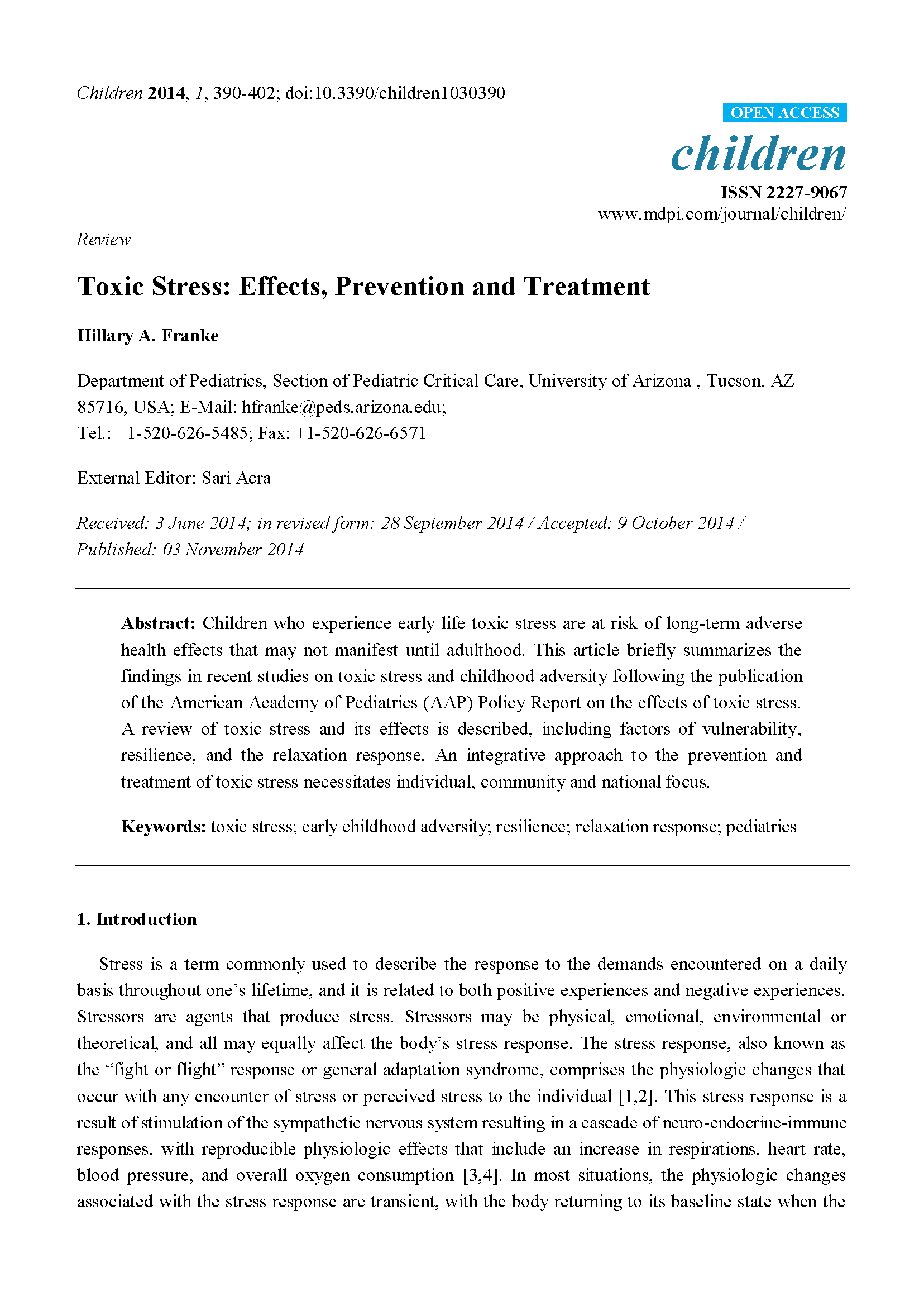 PDF Cover page: Toxic Stress: Effects, Prevention and Treatment