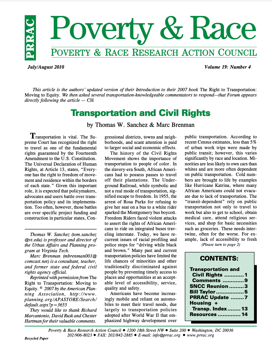 First page of Transportation and Civil Rights article