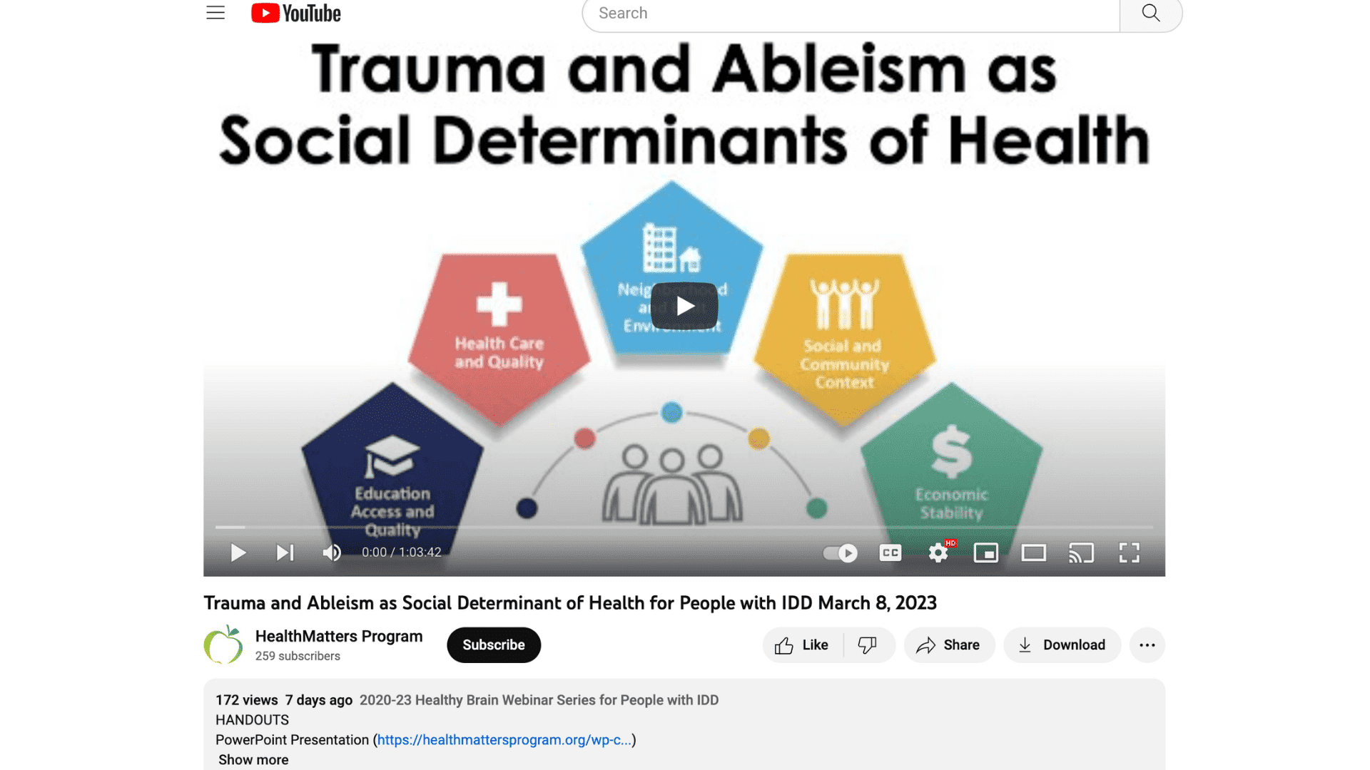 Screen capture of Trauma and Ableism as Social Determinant of Health for People with IDD webinar