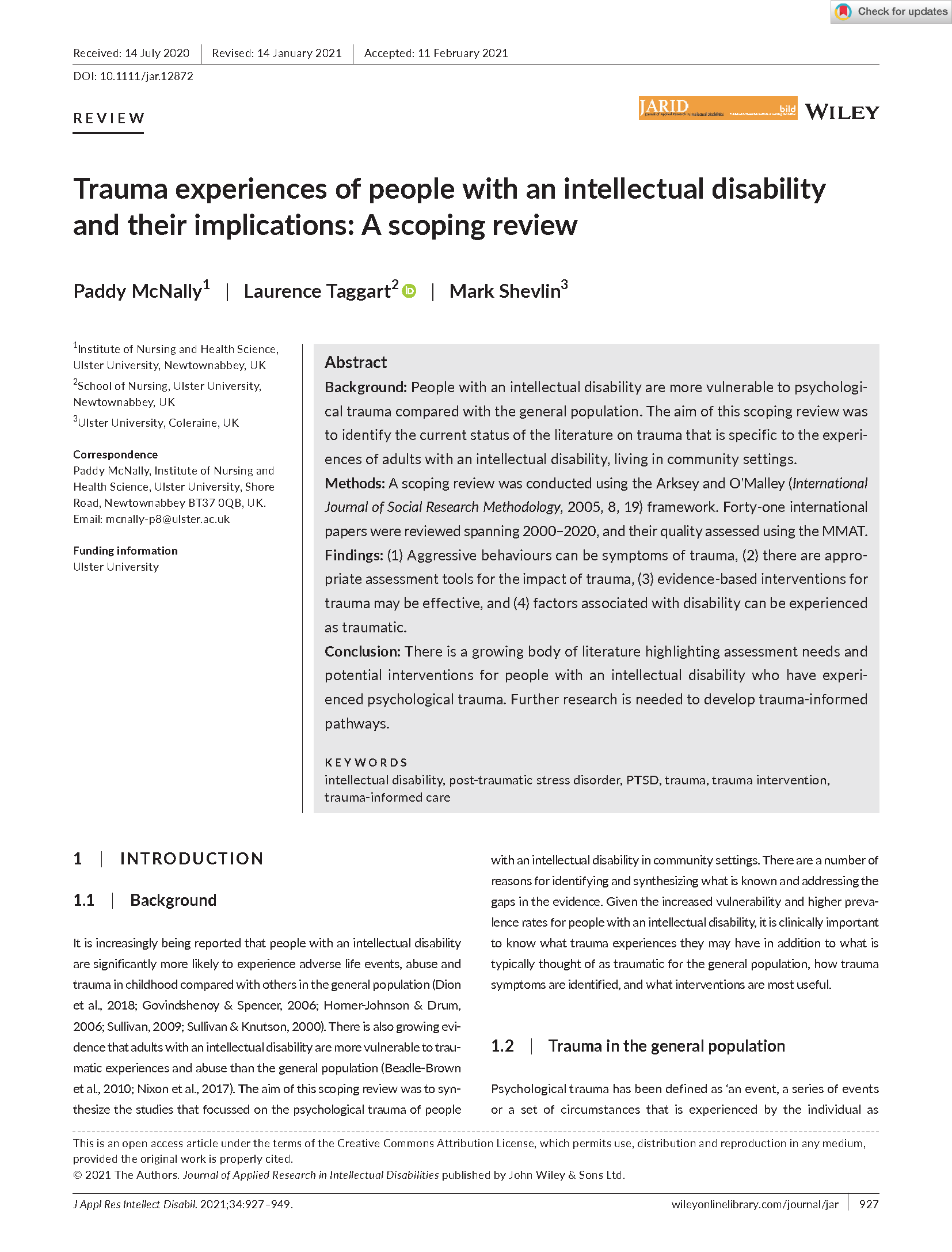 PDF Cover: Trauma Experiences of People With an Intellectual Disability and Their Implications: A Scoping Review