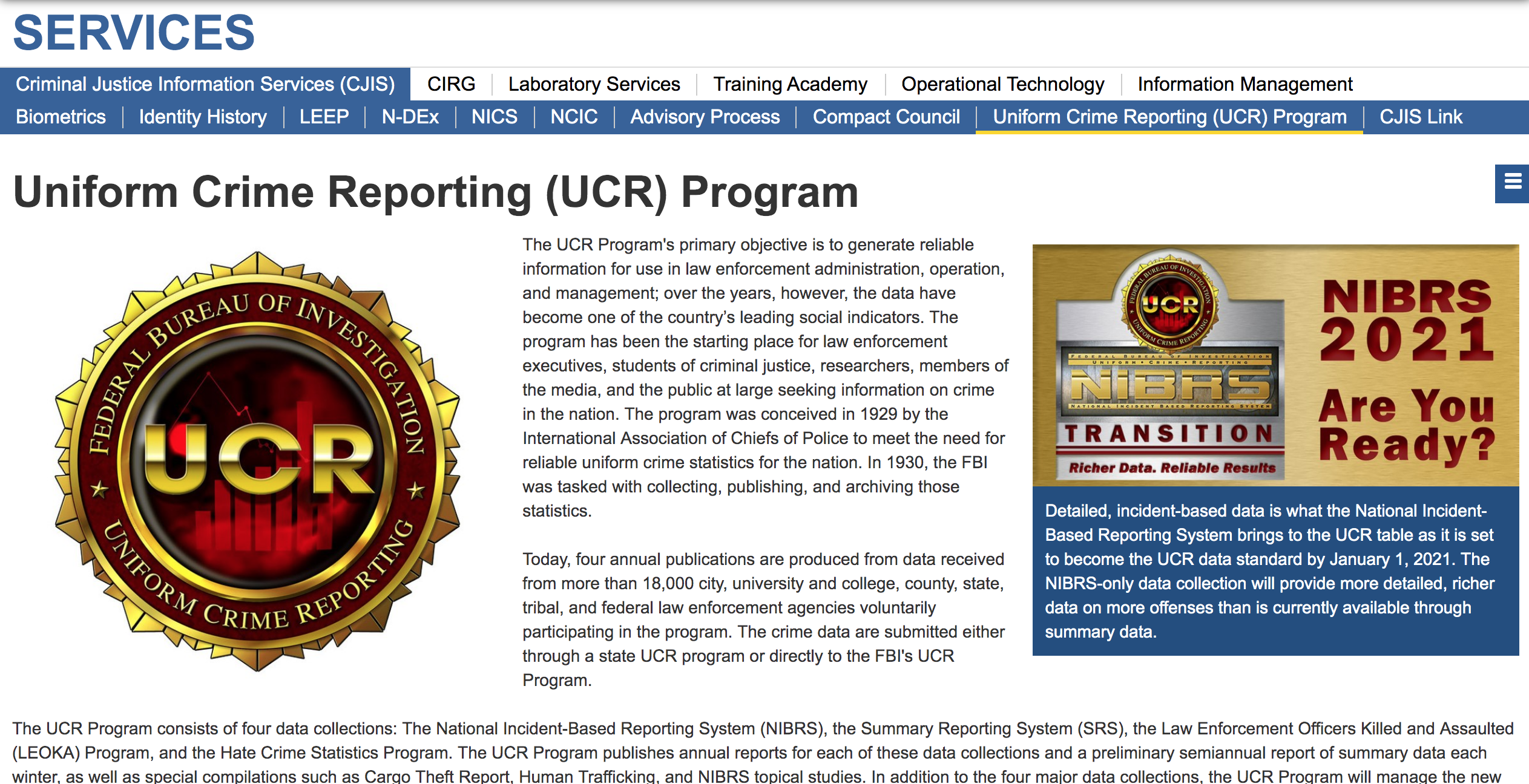 Screen grab of the FBI Uniform Crime Reporting tool