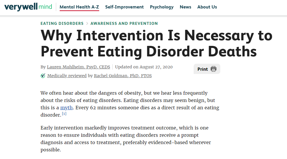 Screen capture of top of web article: Why Intervention is Necessary to Prevent Eating Disorder Deaths