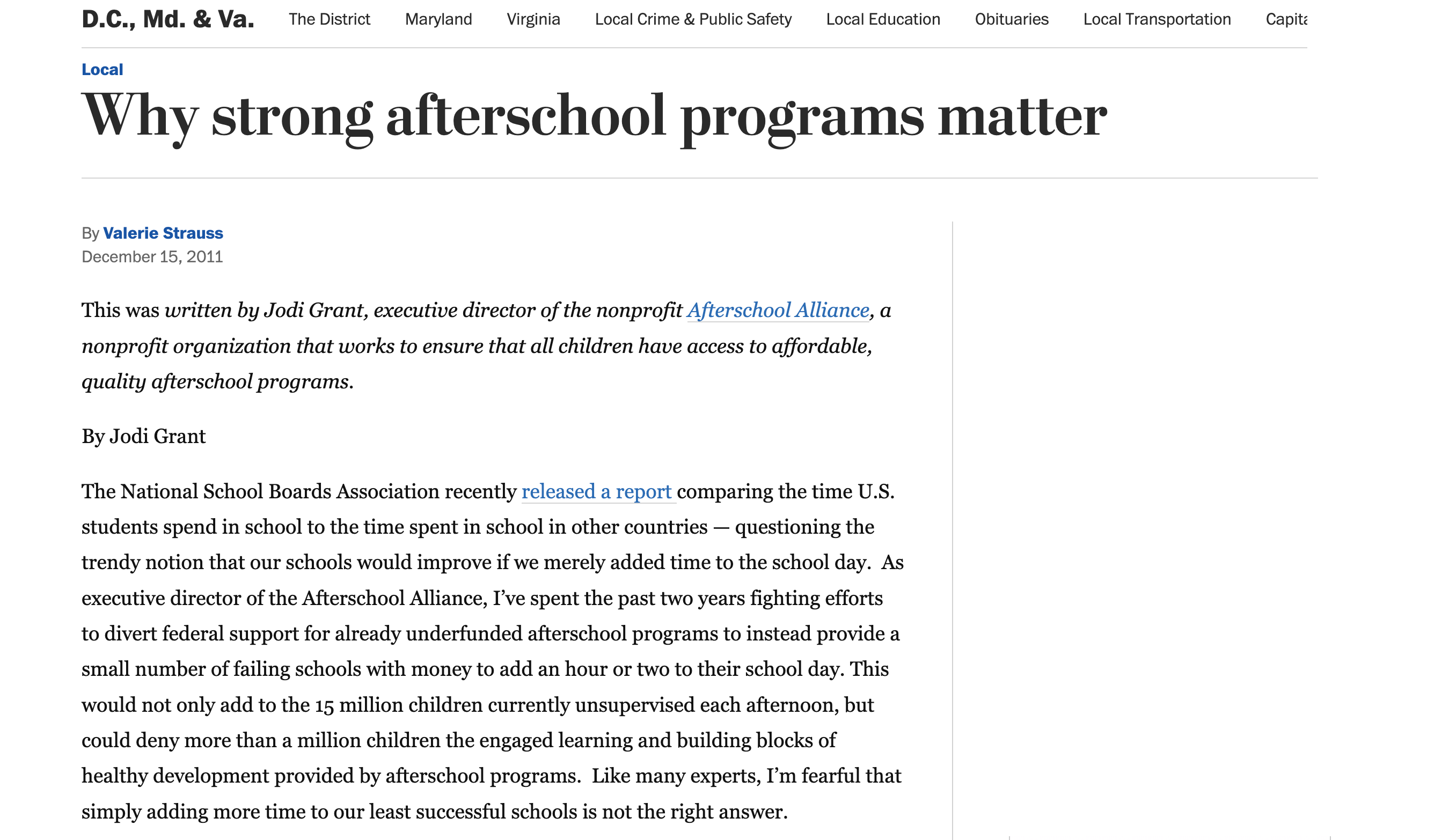 Screen capture of Why Strong Afterschool Programs Matter article